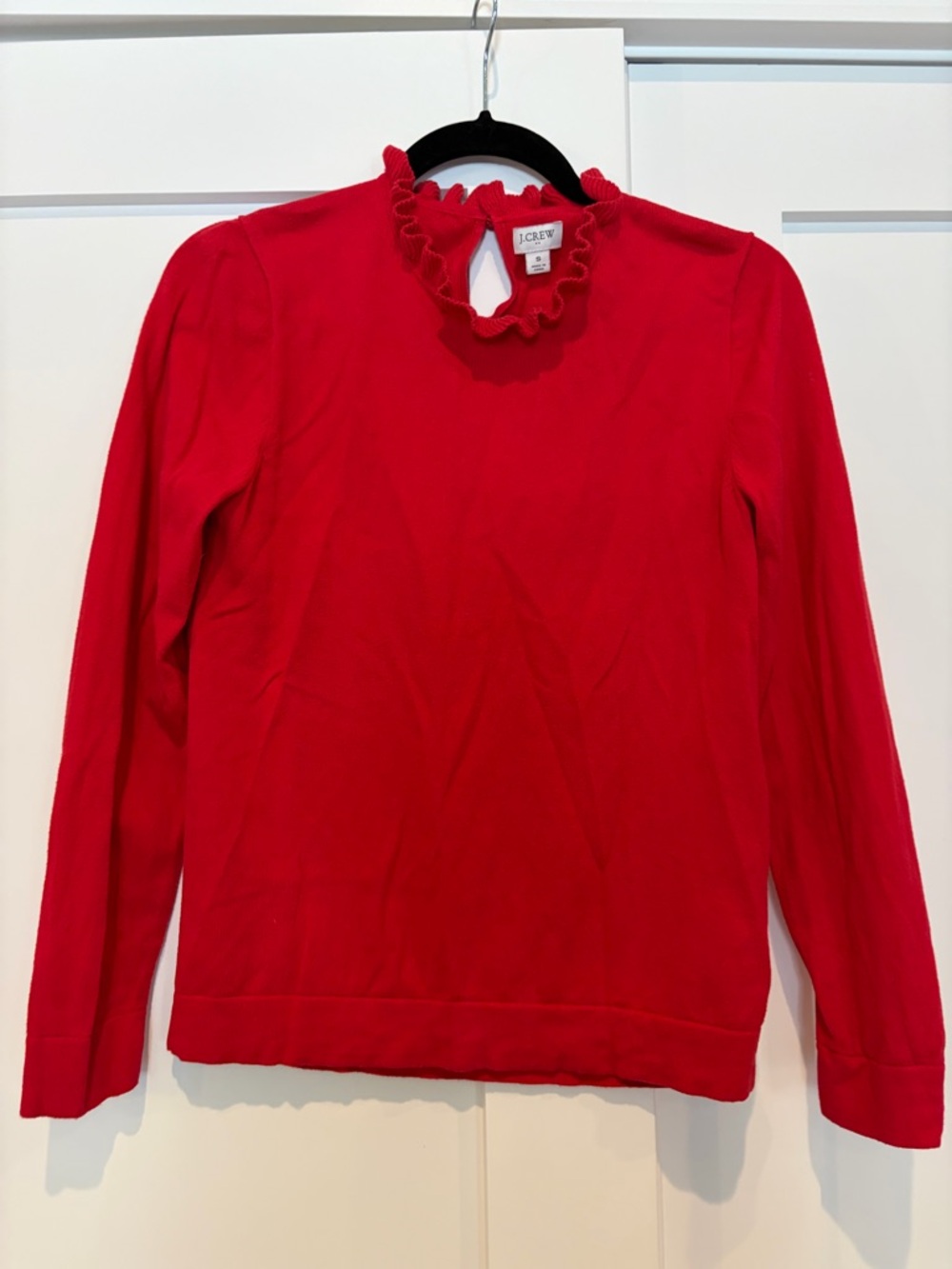 J. Crew Bright Red Ruffle Mock Neck Sweater